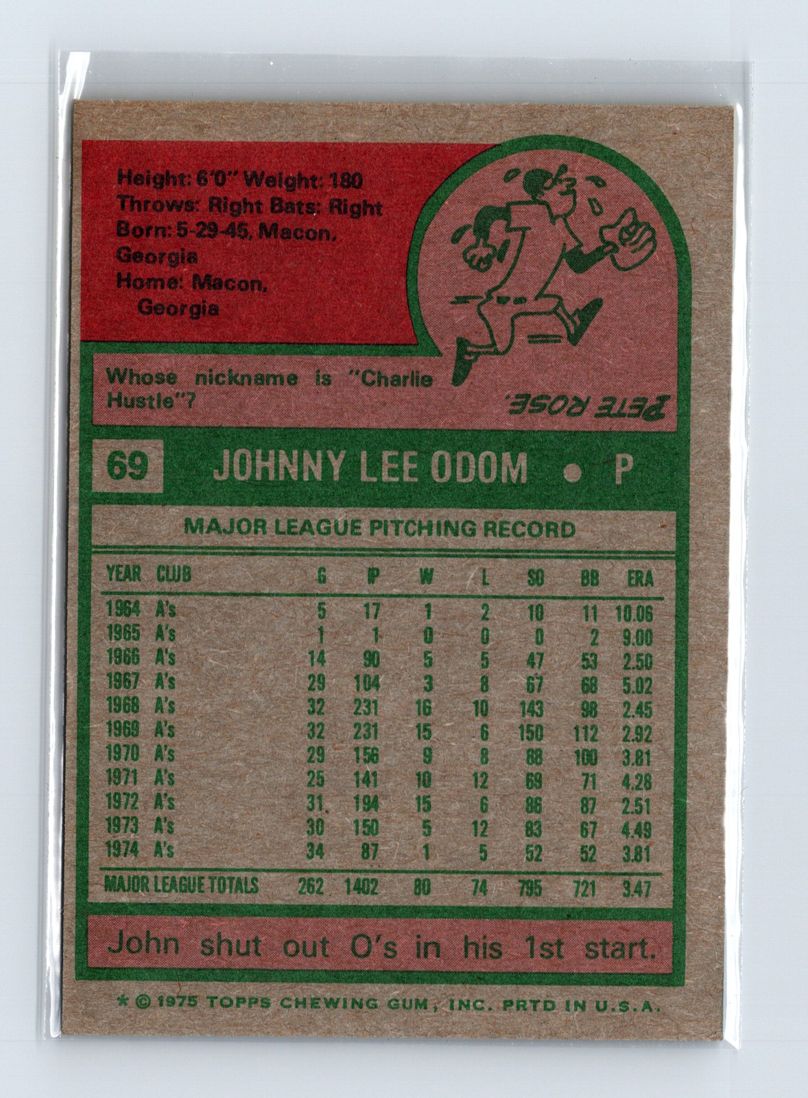 1975 Topps Baseball - SET BREAK - #69 John Odom - Image 2