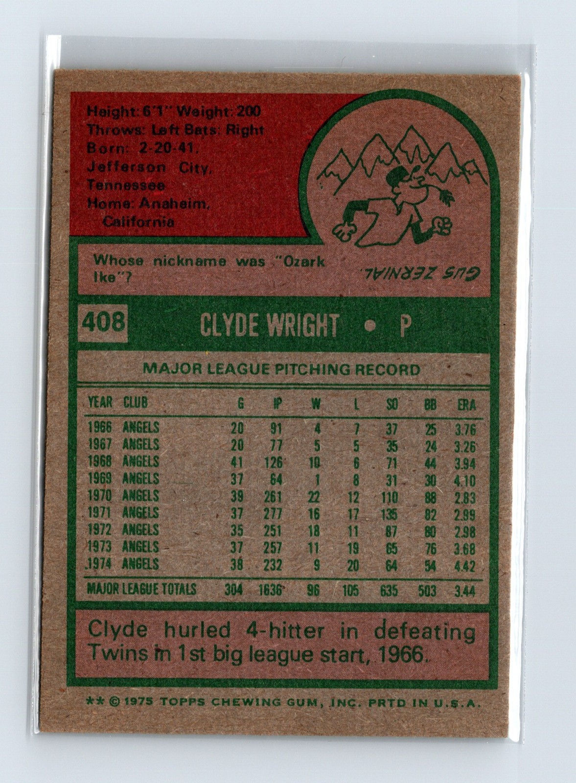 1975 Topps Baseball - SET BREAK - #408 Clyde Wright - Image 2