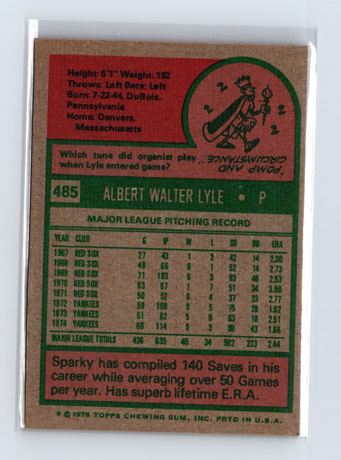 1975 Topps Baseball - SET BREAK - #485 Sparky Lyle - Image 2