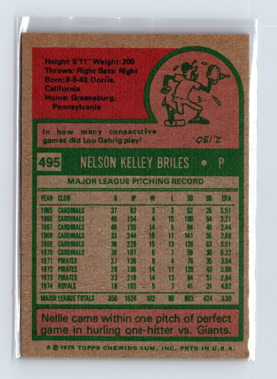 1975 Topps Baseball - SET BREAK - #495 Nelson Briles - Image 2