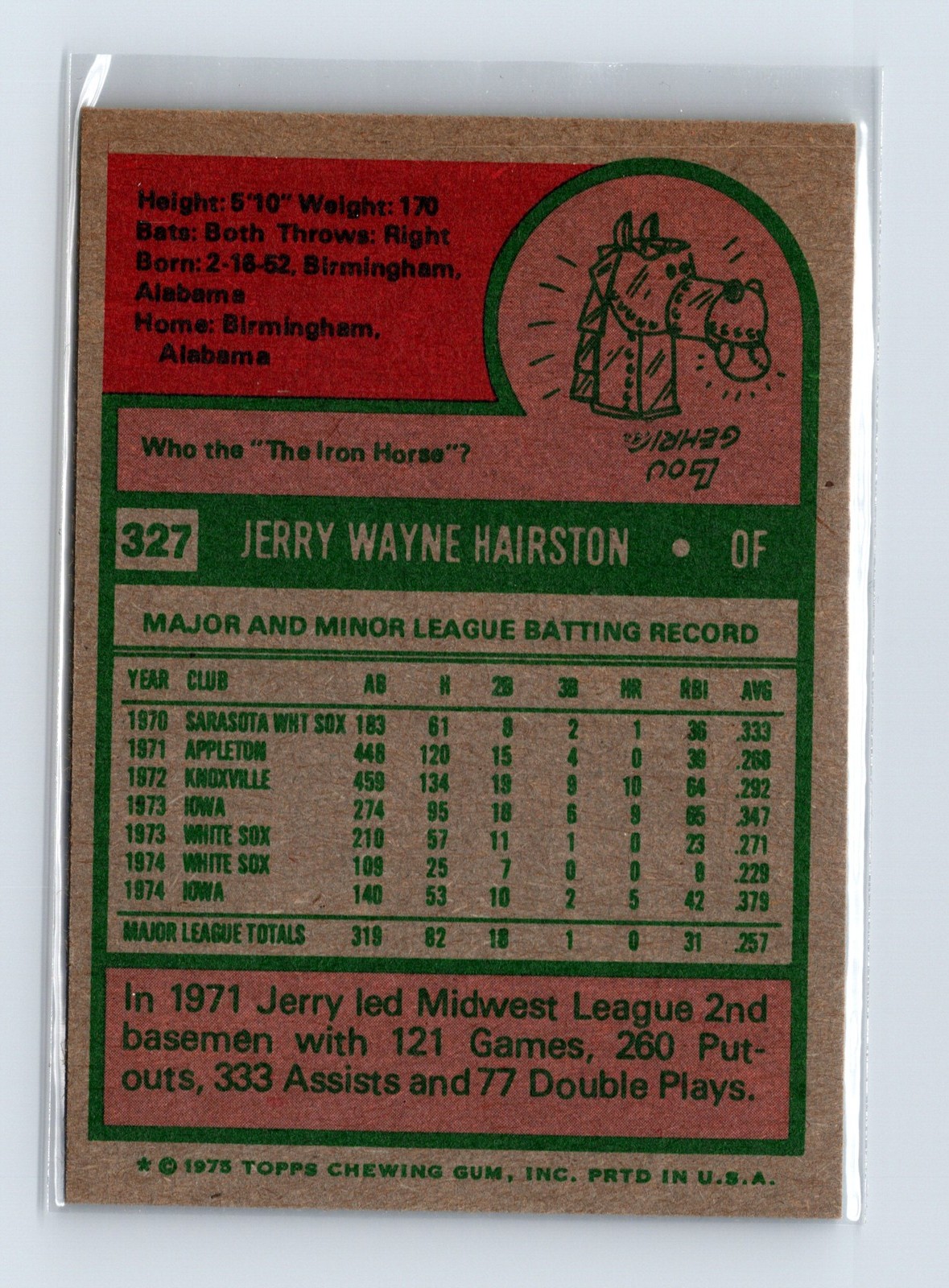 1975 Topps Baseball - SET BREAK - #327 Jerry Hairston - Image 2