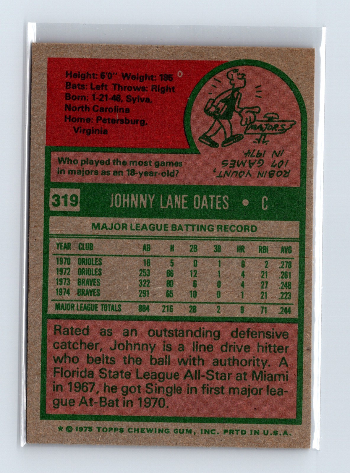 1975 Topps Baseball - SET BREAK - #319 Johnny Oates - Image 2