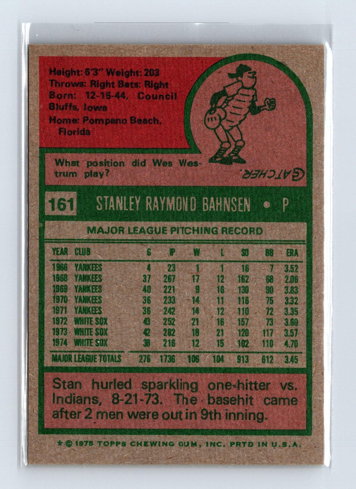 1975 Topps Baseball - SET BREAK - #161 Stan Bahnsen - Image 2