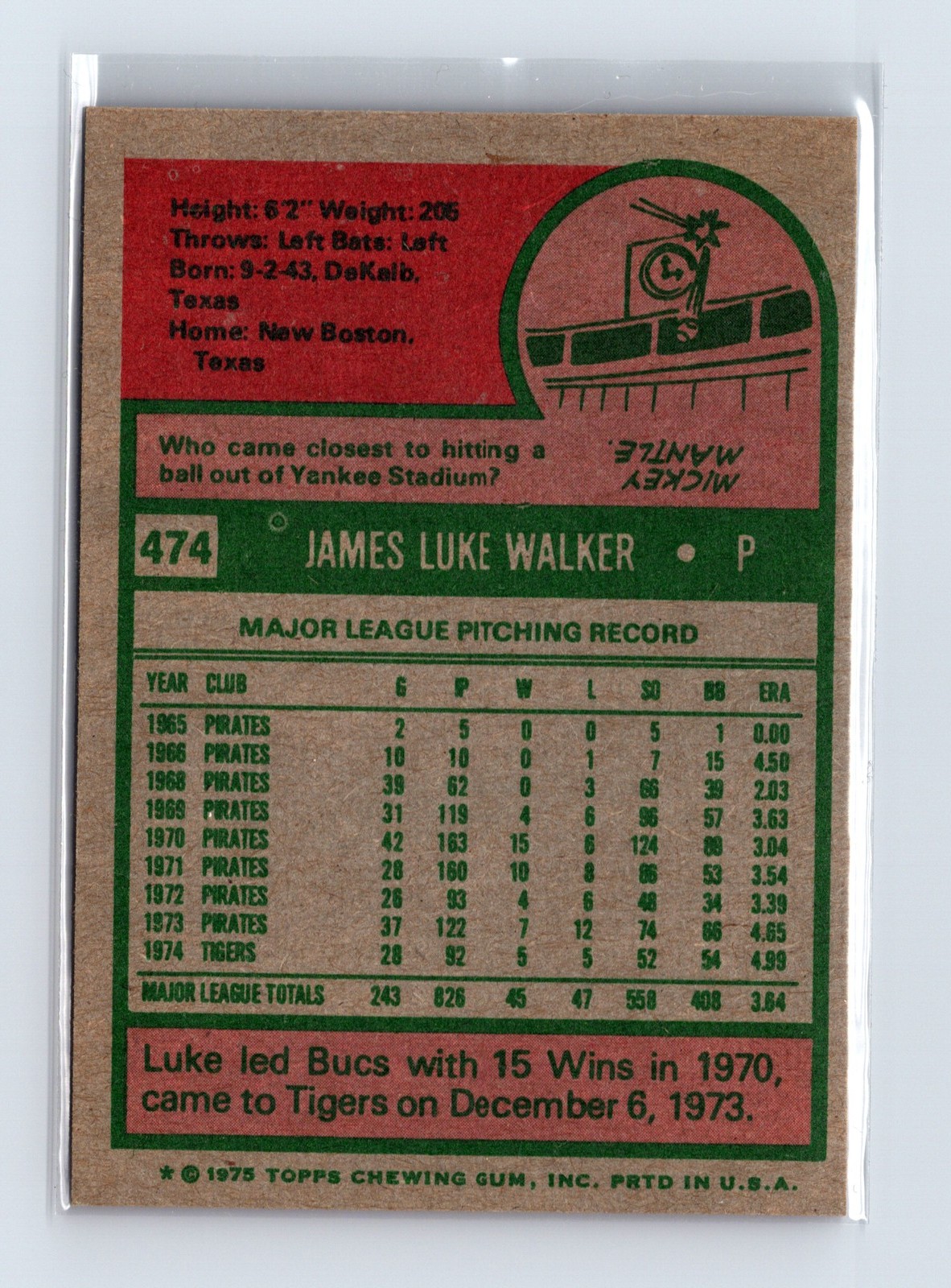 1975 Topps Baseball - SET BREAK - #474 Luke Walker - Image 2
