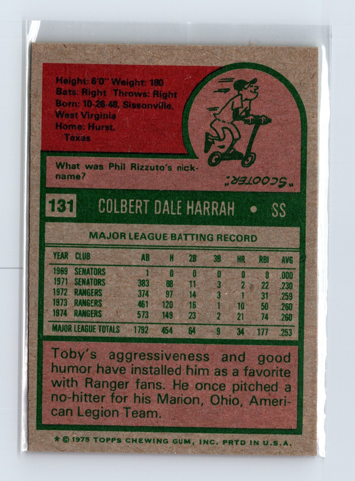 1975 Topps Baseball - SET BREAK - #131 Toby Harrah - Image 2