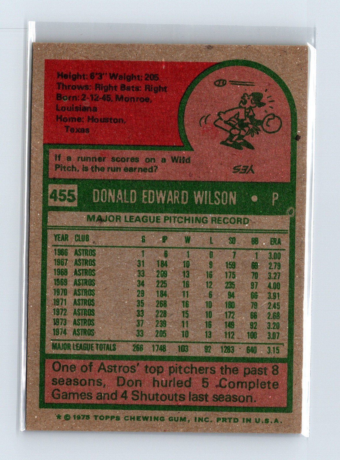 1975 Topps Baseball - SET BREAK - #455 Don Wilson - Image 2