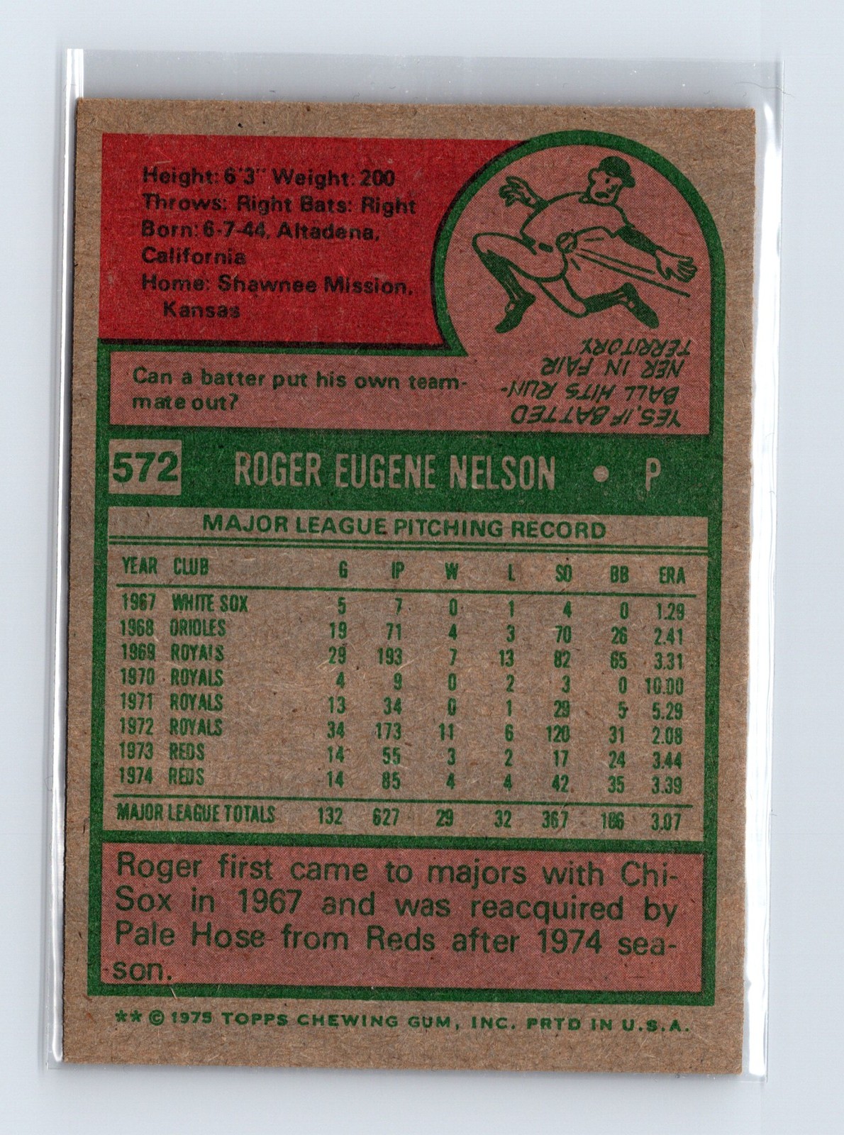 1975 Topps Baseball - SET BREAK - #572 Roger Nelson - Image 2