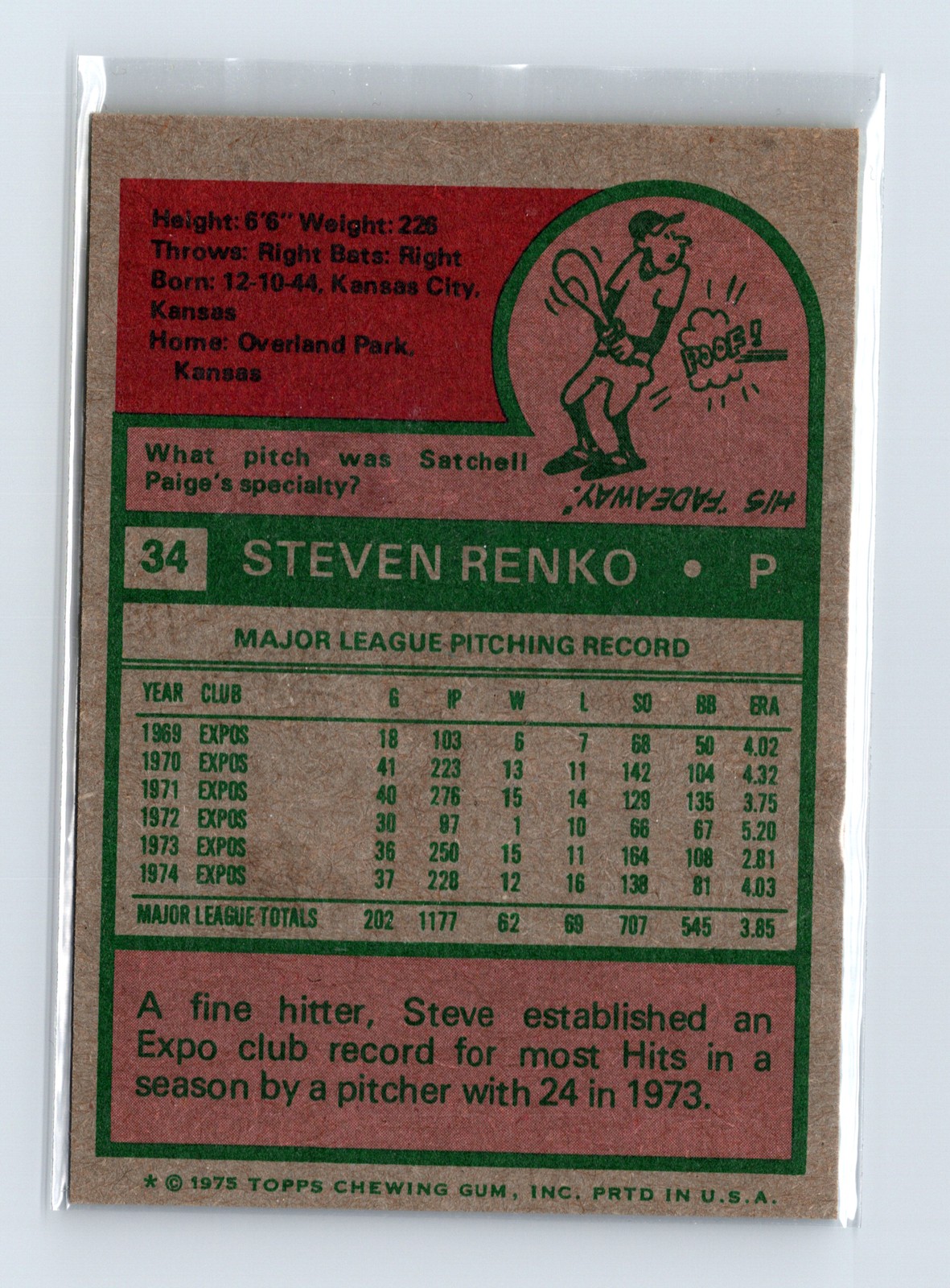 1975 Topps Baseball - SET BREAK - #34 Steve Renko - Image 2