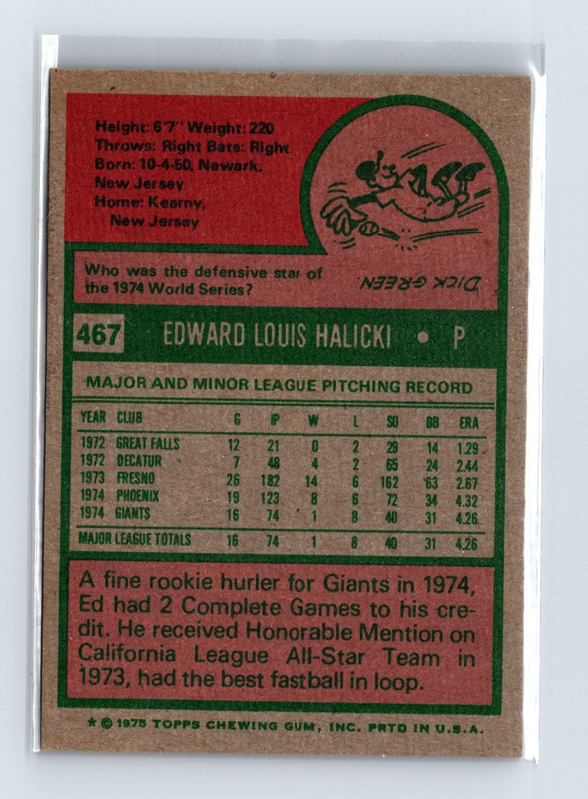 1975 Topps Baseball - SET BREAK - #467 Ed Halicki (RC) - Image 2