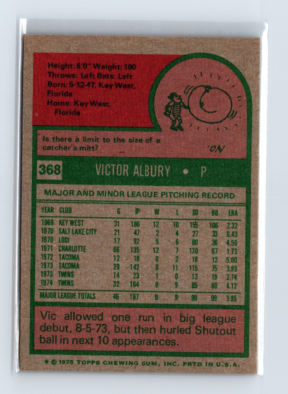 1975 Topps Baseball - SET BREAK - #368 Vic Albury - Image 2