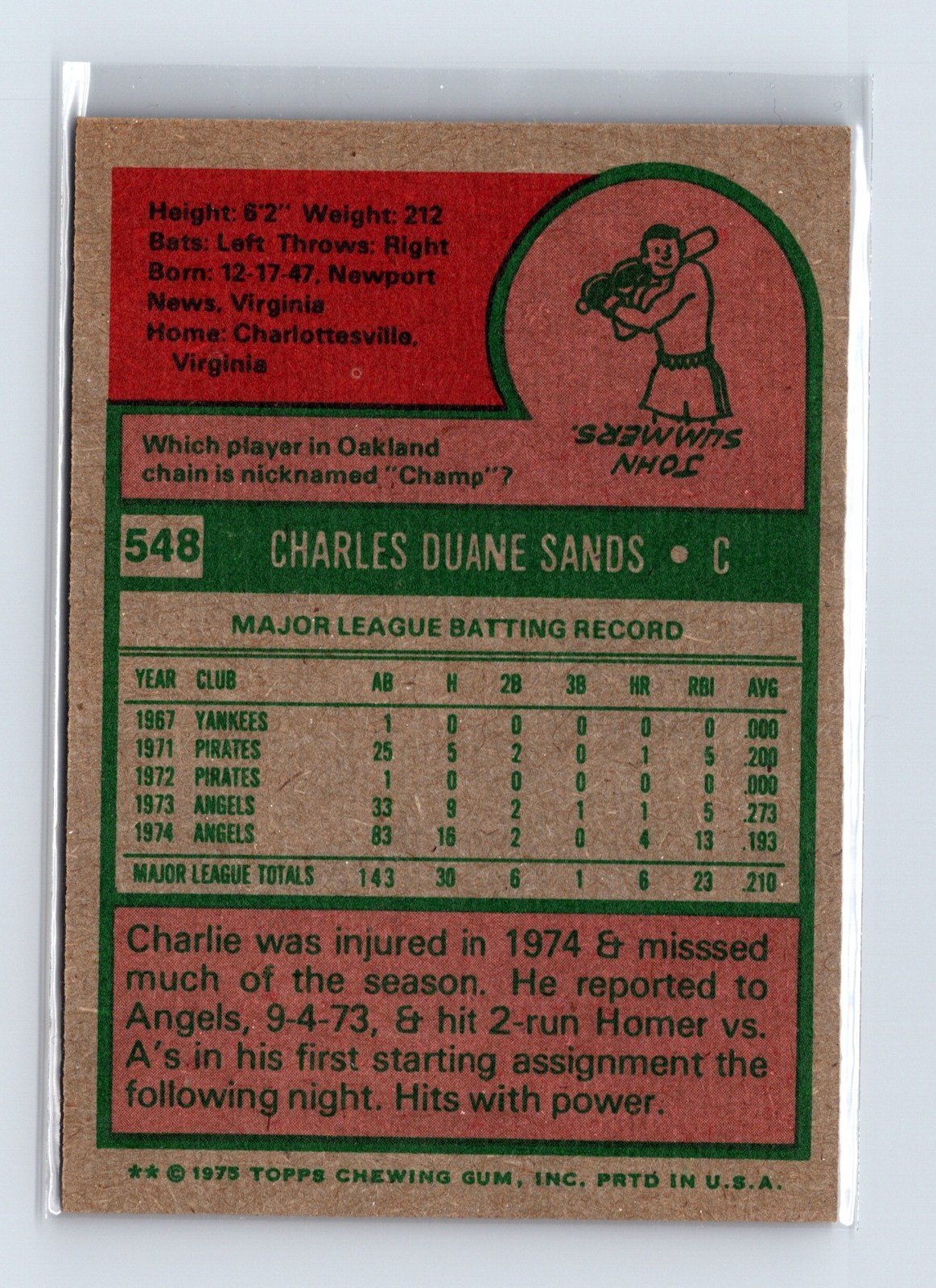 1975 Topps Baseball - SET BREAK - #548 Charlie Sands - Image 2