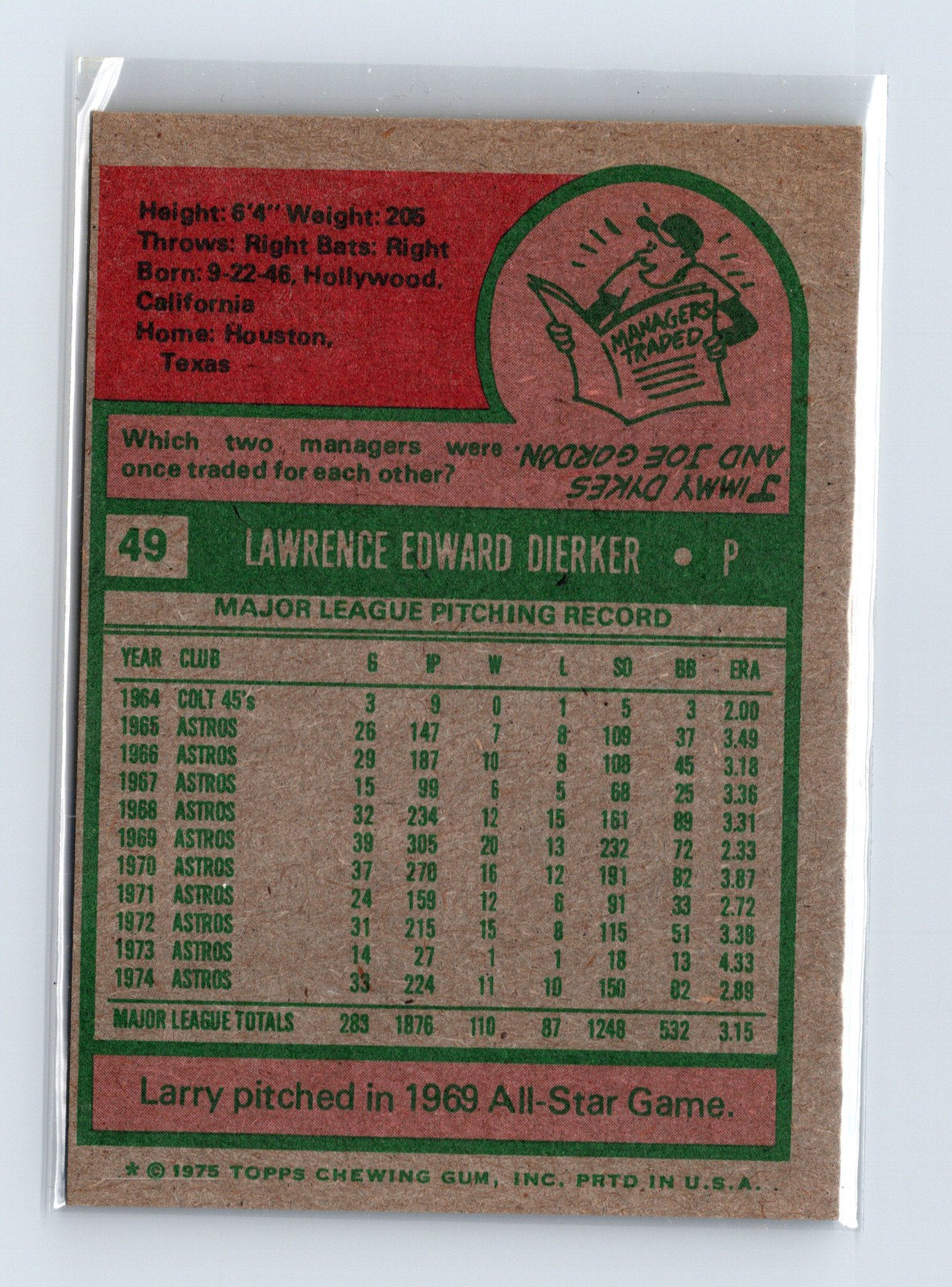 1975 Topps Baseball - SET BREAK - #49 Larry Dierker - Image 2