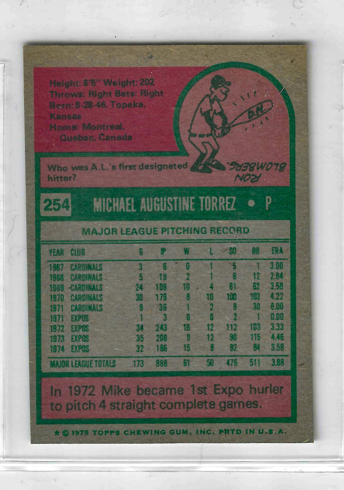 1975 Topps MINI Baseball - SET BREAK - Mike Torrez #254 - Image 2