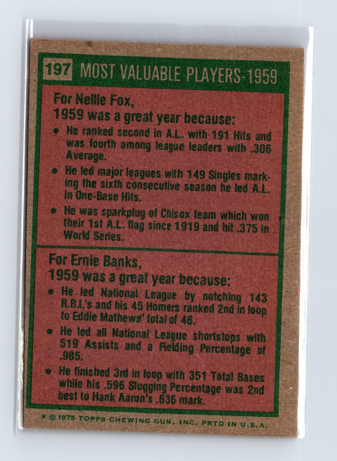 1975 Topps Baseball - SET BREAK - #197 1959 MVPs Fox Banks (HOF) - Image 2