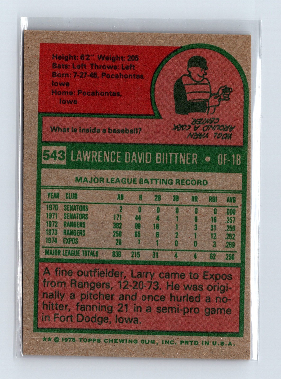 1975 Topps Baseball - SET BREAK - #543 Larry Biittner - Image 2