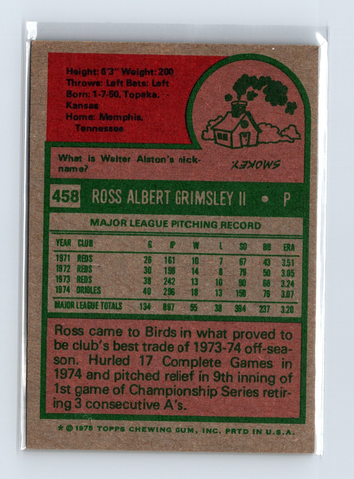 1975 Topps Baseball - SET BREAK - #458 Ross Grimsley - Image 2