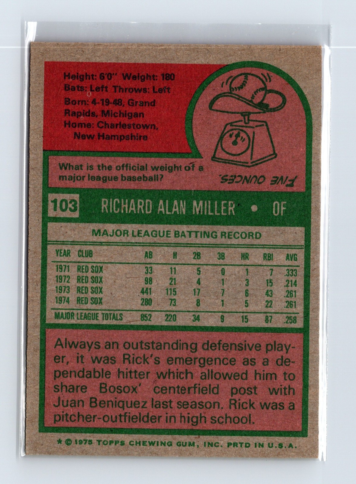 1975 Topps Baseball - SET BREAK - #103 Rick Miller - Image 2