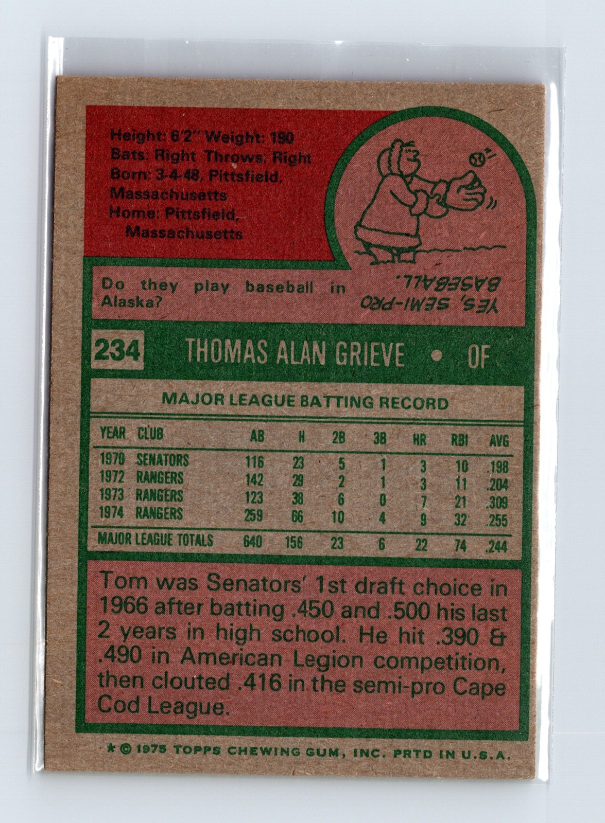 1975 Topps Baseball - SET BREAK - #234 Tom Grieve - Image 2