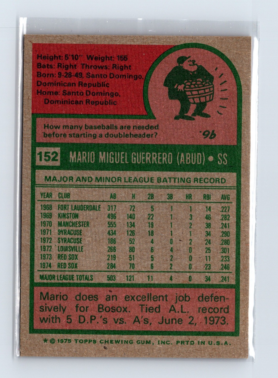 1975 Topps Baseball - SET BREAK - #152 Mario Guerrero - Image 2