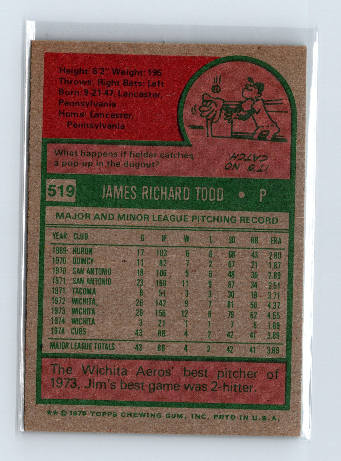 1975 Topps Baseball - SET BREAK - #519 Jim Todd (RC) - Image 2