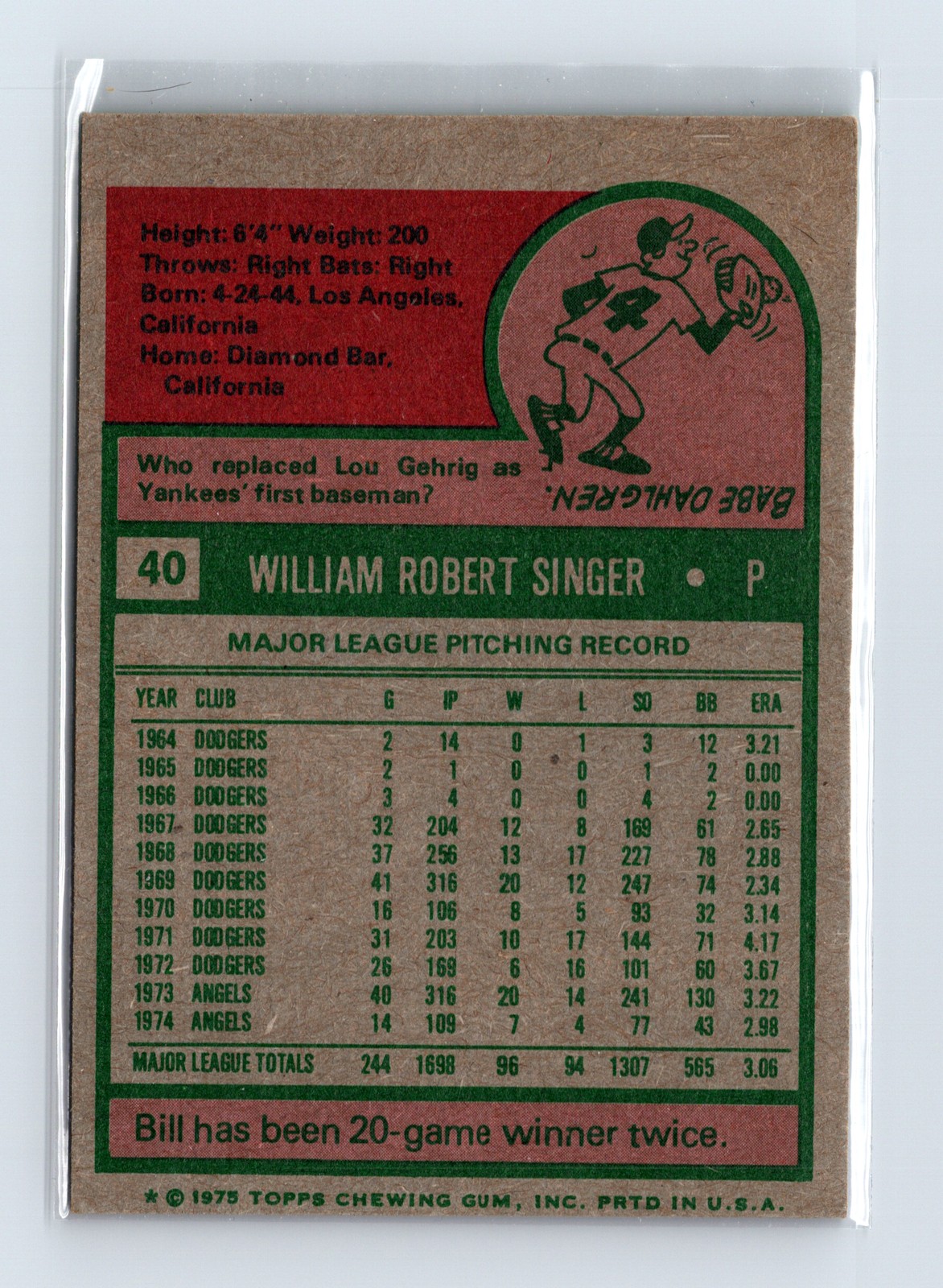 1975 Topps Baseball - SET BREAK - #40 Bill Singer - Image 2