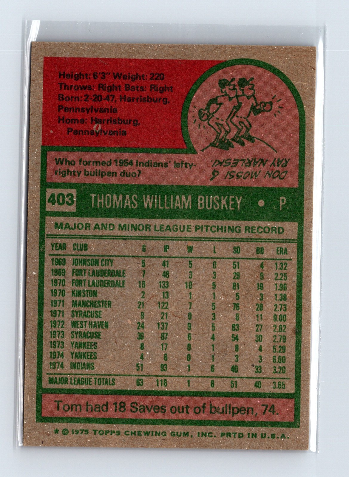1975 Topps Baseball - SET BREAK - #403 Tom Buskey (RC) - Image 2
