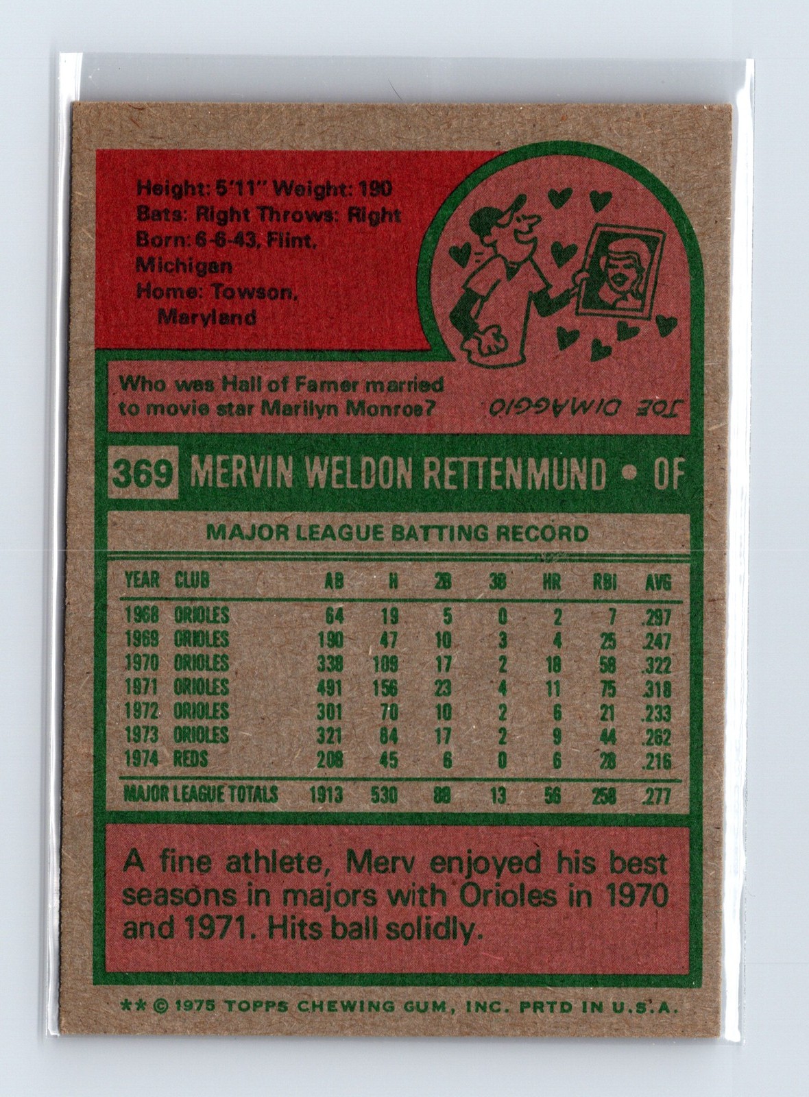 1975 Topps Baseball - SET BREAK - #369 Merv Rettenmund - Image 2
