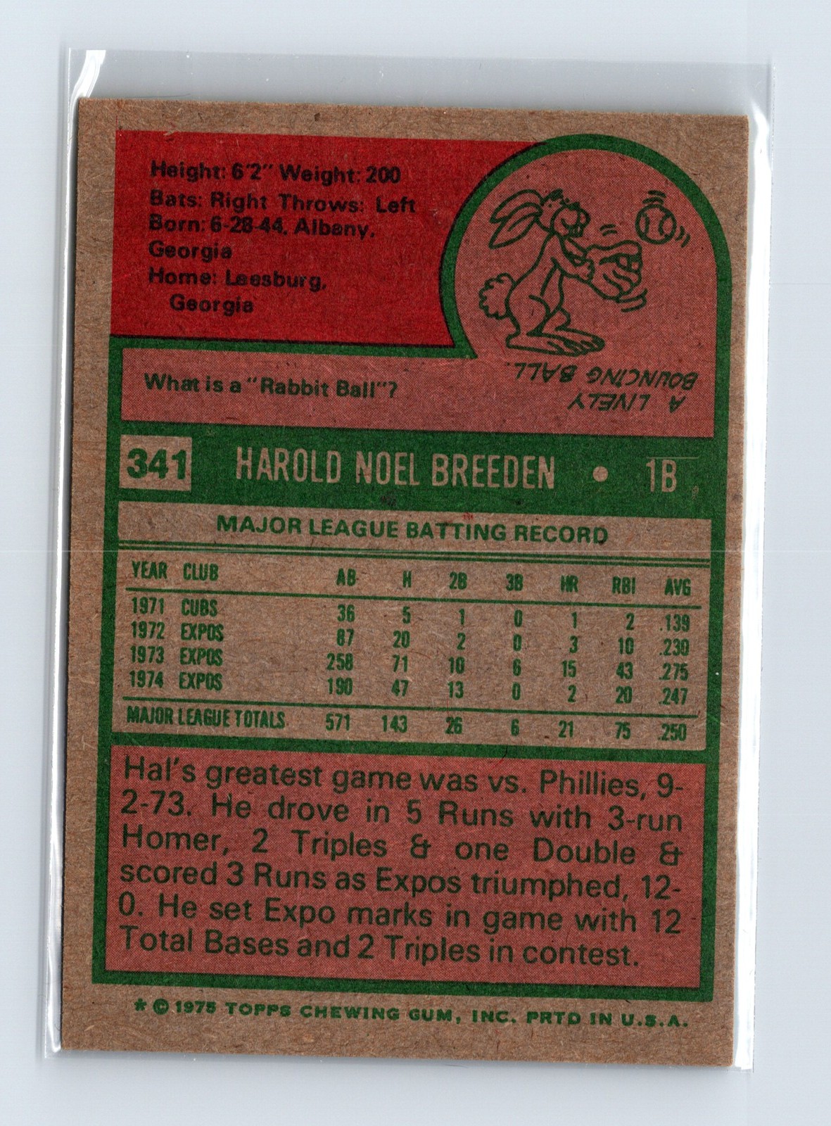 1975 Topps Baseball - SET BREAK - #341 Hal Breeden - Image 2