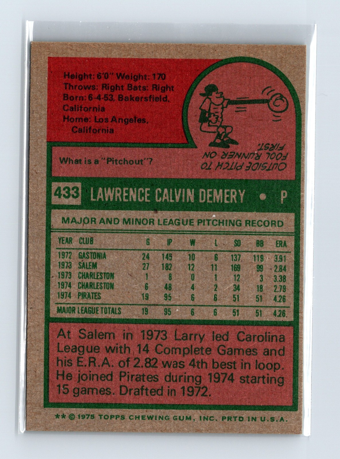 1975 Topps Baseball - SET BREAK - #433 Larry Demery (RC) - Image 2