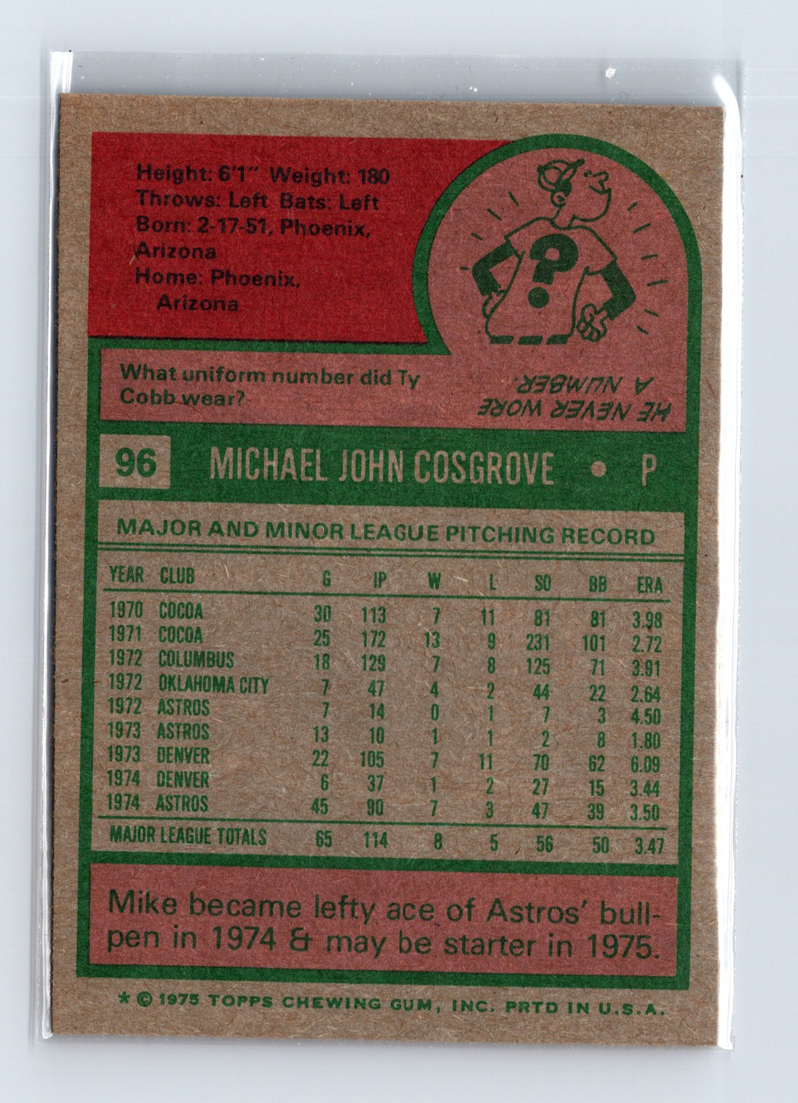 1975 Topps Baseball - SET BREAK - #96 Mike Cosgrove (RC) - Image 2