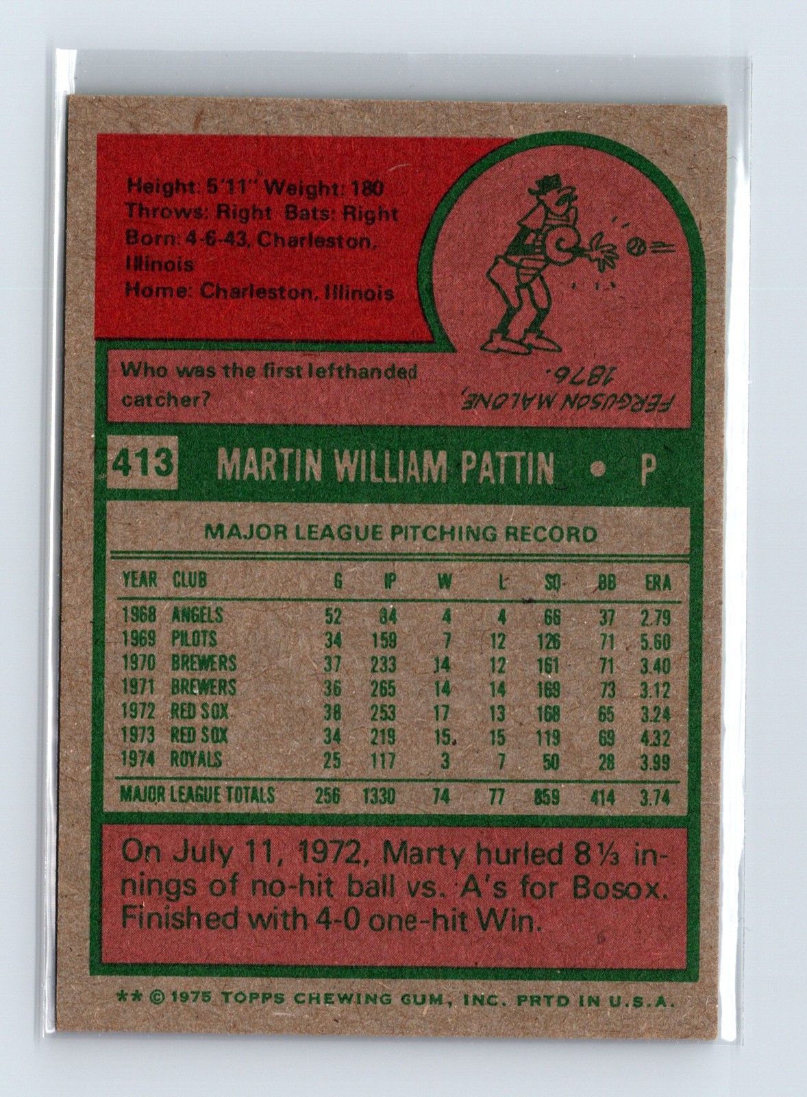 1975 Topps Baseball - SET BREAK - #413 Marty Pattin - Image 2