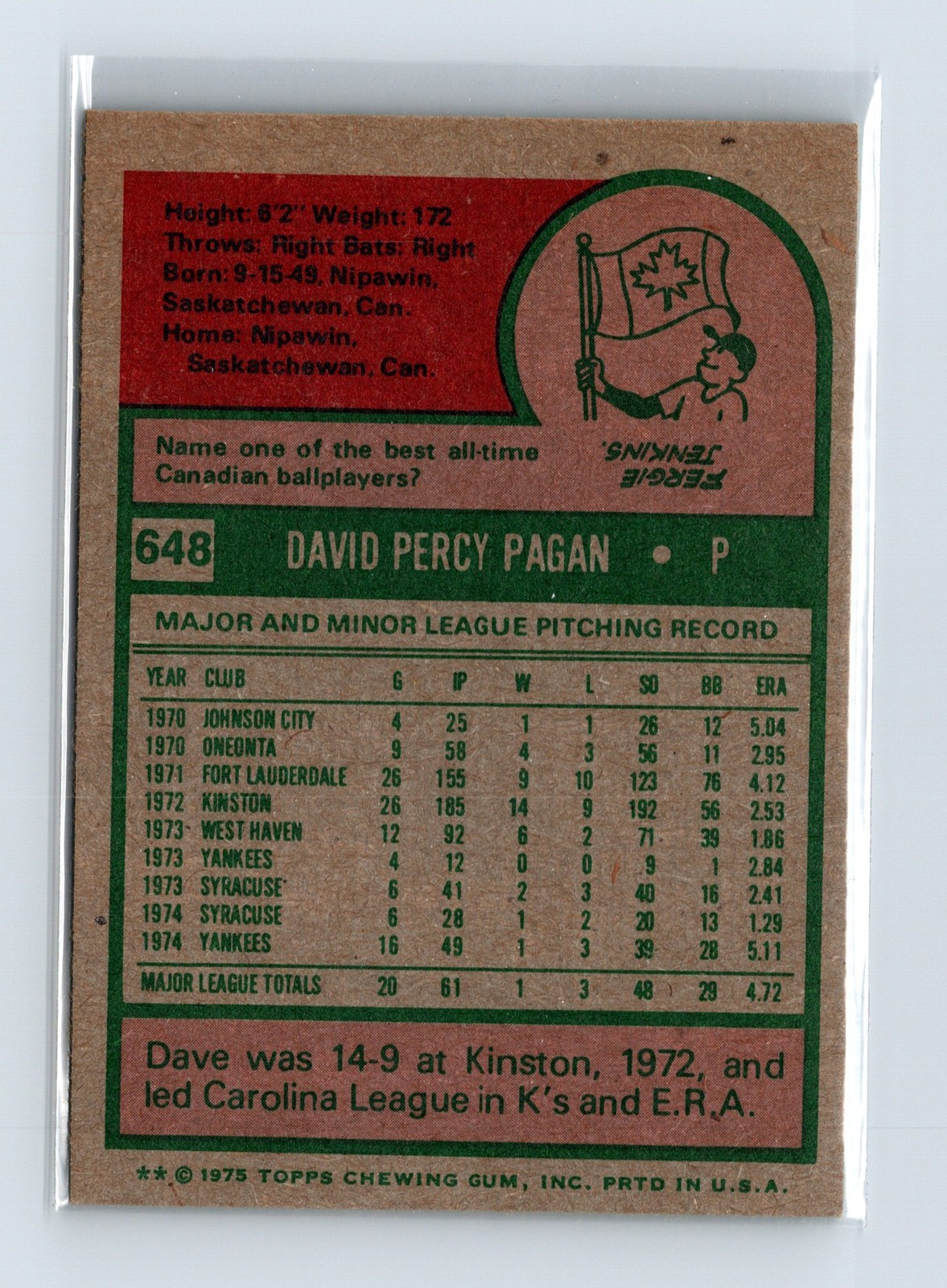 1975 Topps Baseball - SET BREAK - #648 Dave Pagan - Image 2
