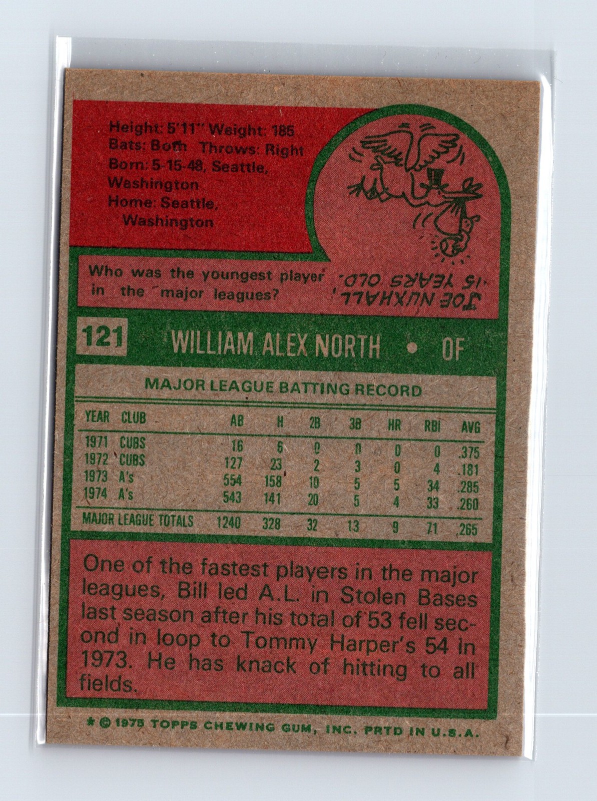 1975 Topps Baseball - SET BREAK - #121 Bill North - Image 2