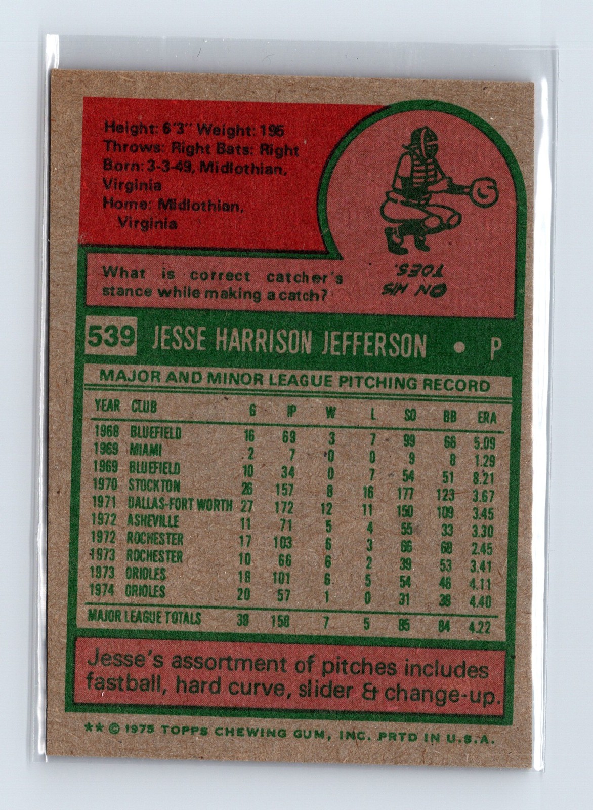 1975 Topps Baseball - SET BREAK - #539 Jesse Jefferson - Image 2