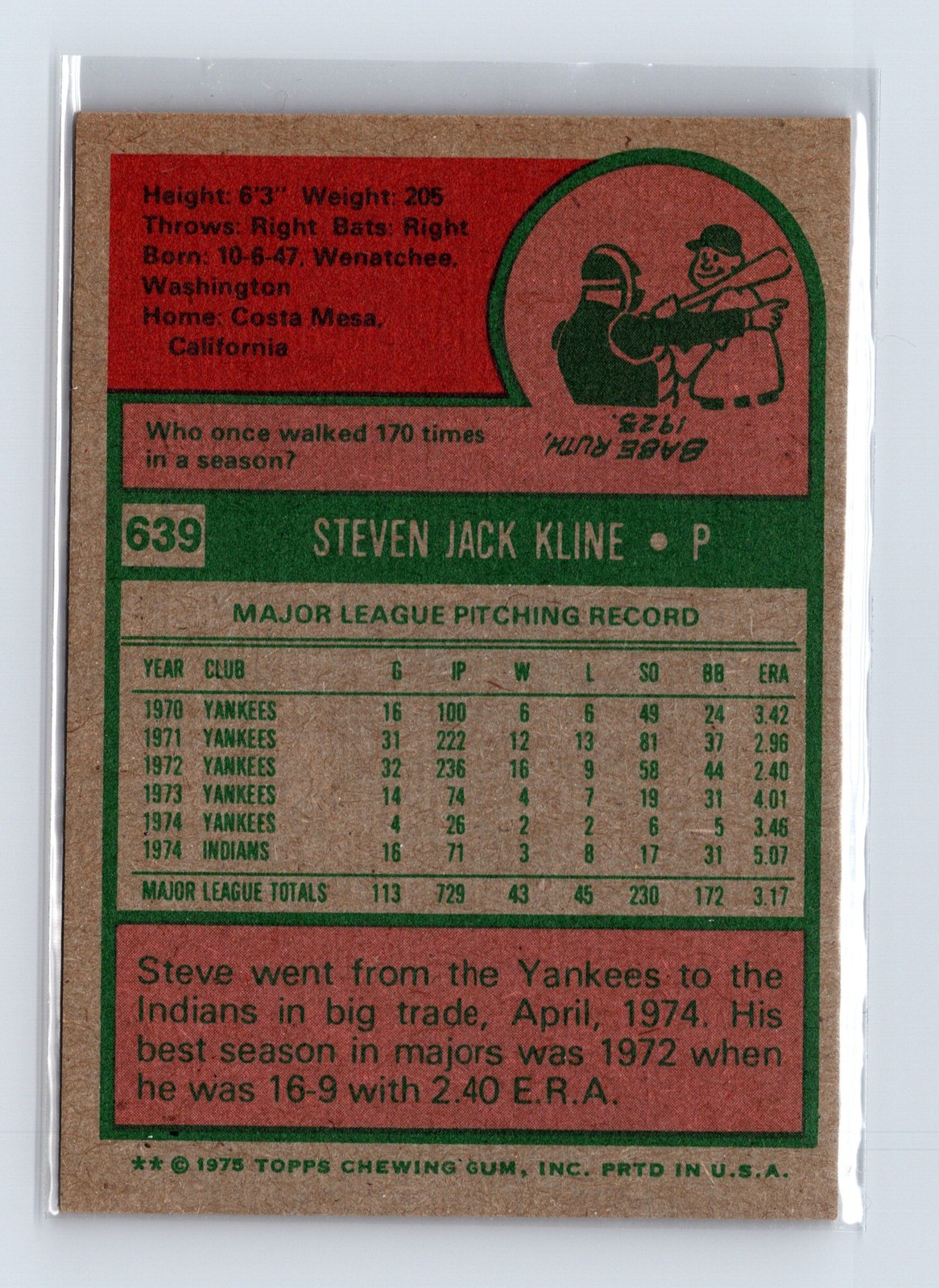 1975 Topps Baseball - SET BREAK - #639 Steve Kline - Image 2