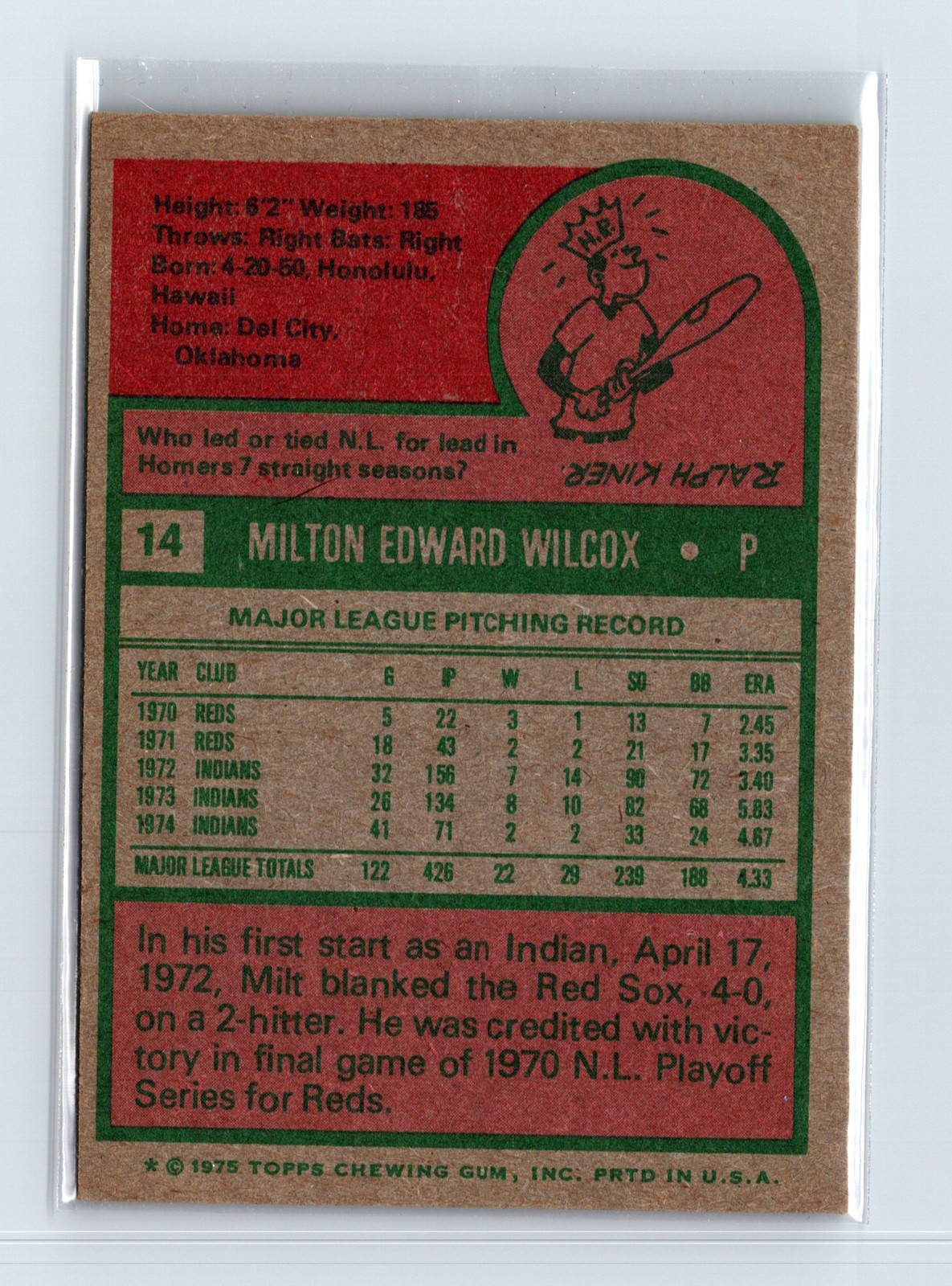 1975 Topps Baseball - SET BREAK - #14 Milt Wilcox - Image 2