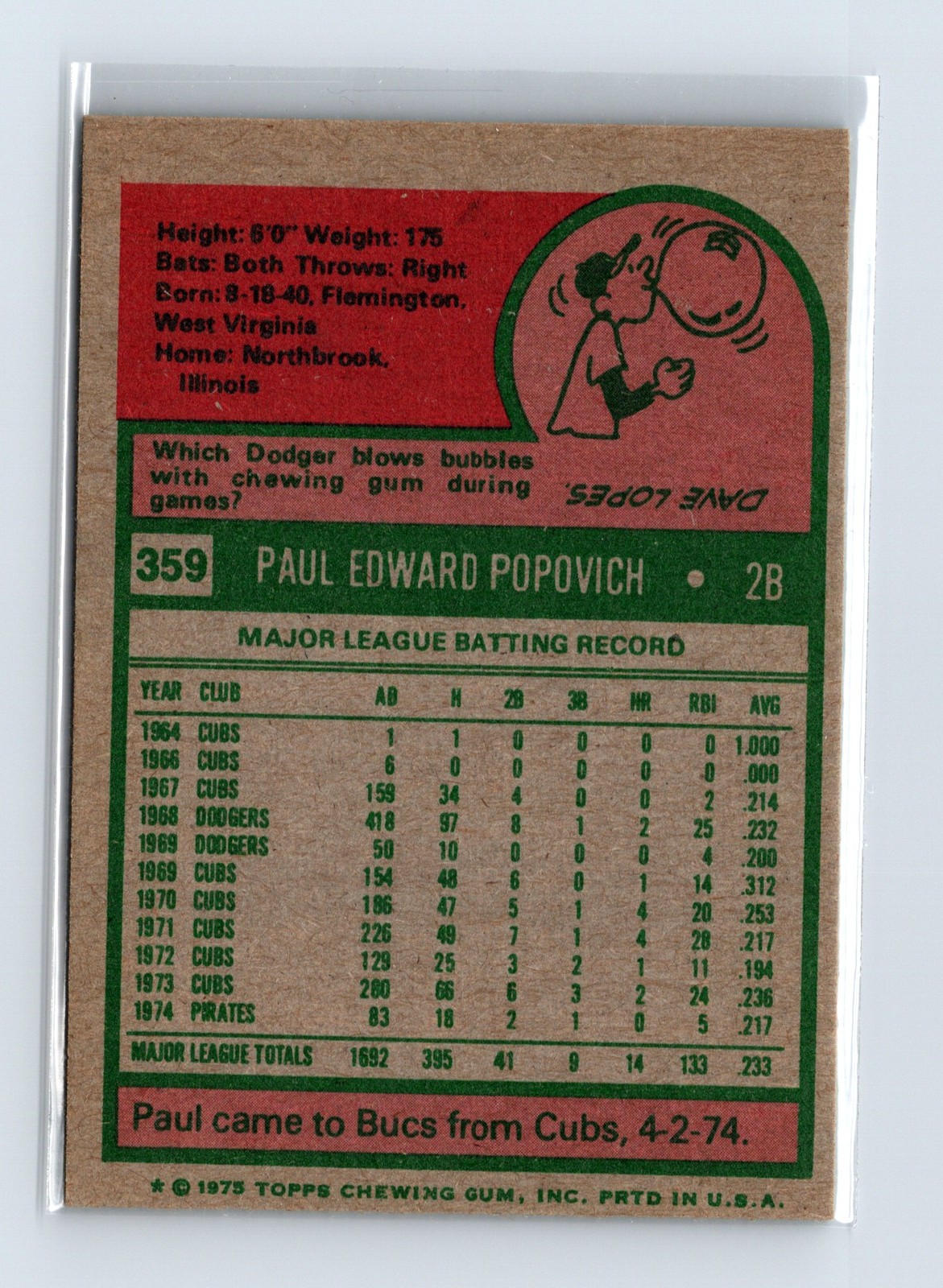 1975 Topps Baseball - SET BREAK - #359 Paul Popovich - Image 2