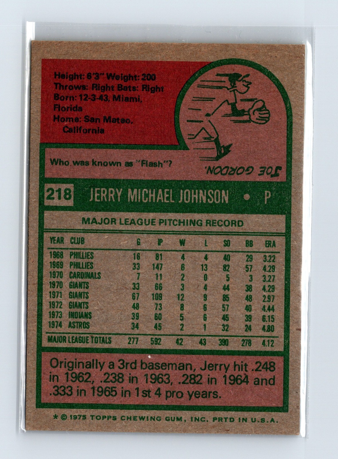 1975 Topps Baseball - SET BREAK - #218 Jerry Johnson - Image 2