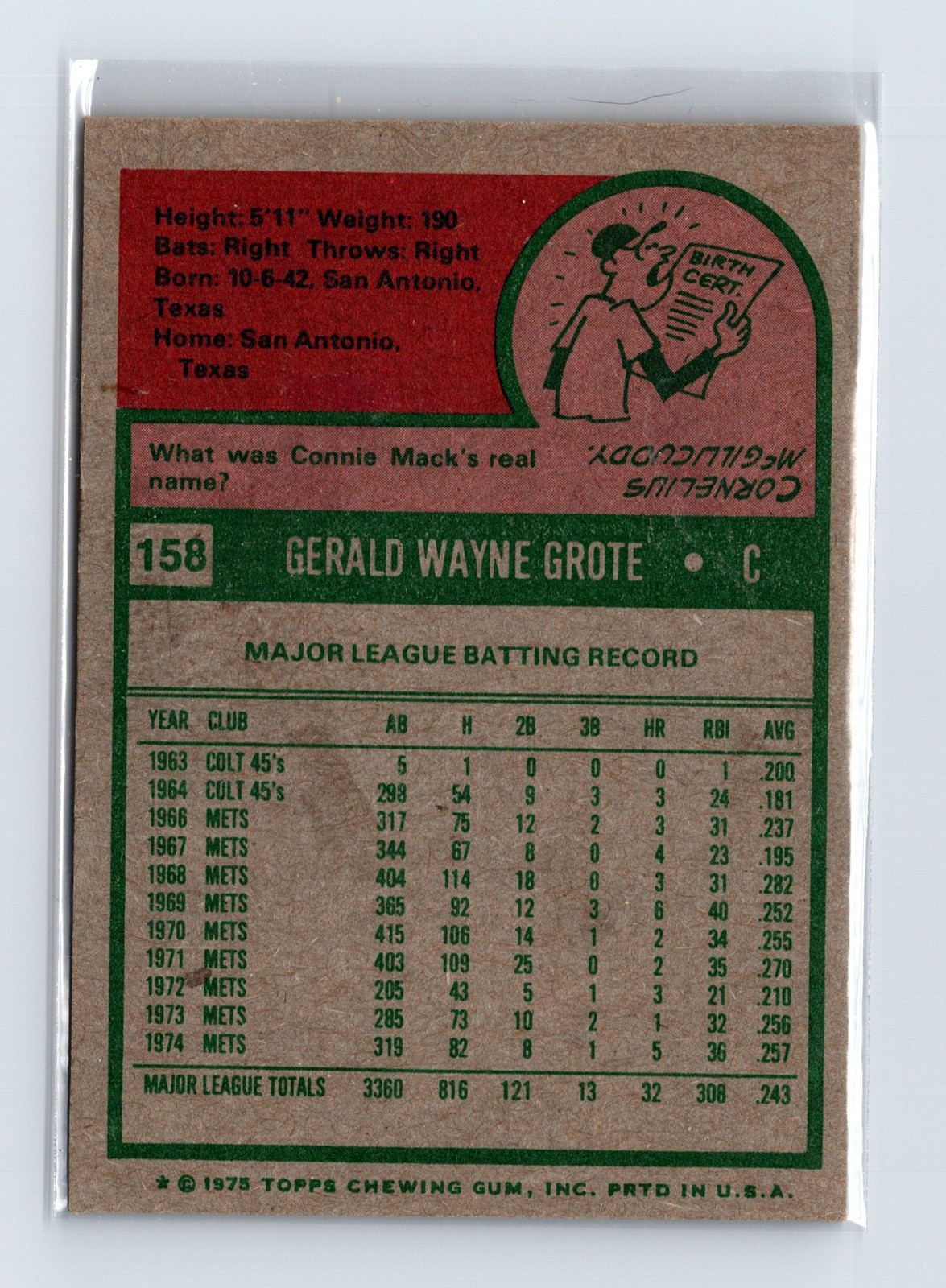 1975 Topps Baseball - SET BREAK - #158 Jerry Grote - Image 2