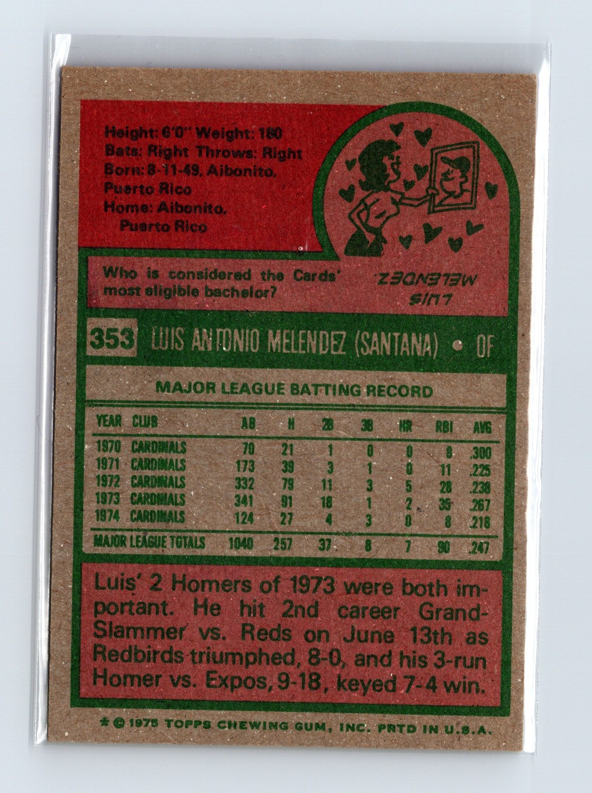 1975 Topps Baseball - SET BREAK - #353 Luis Melendez - Image 2