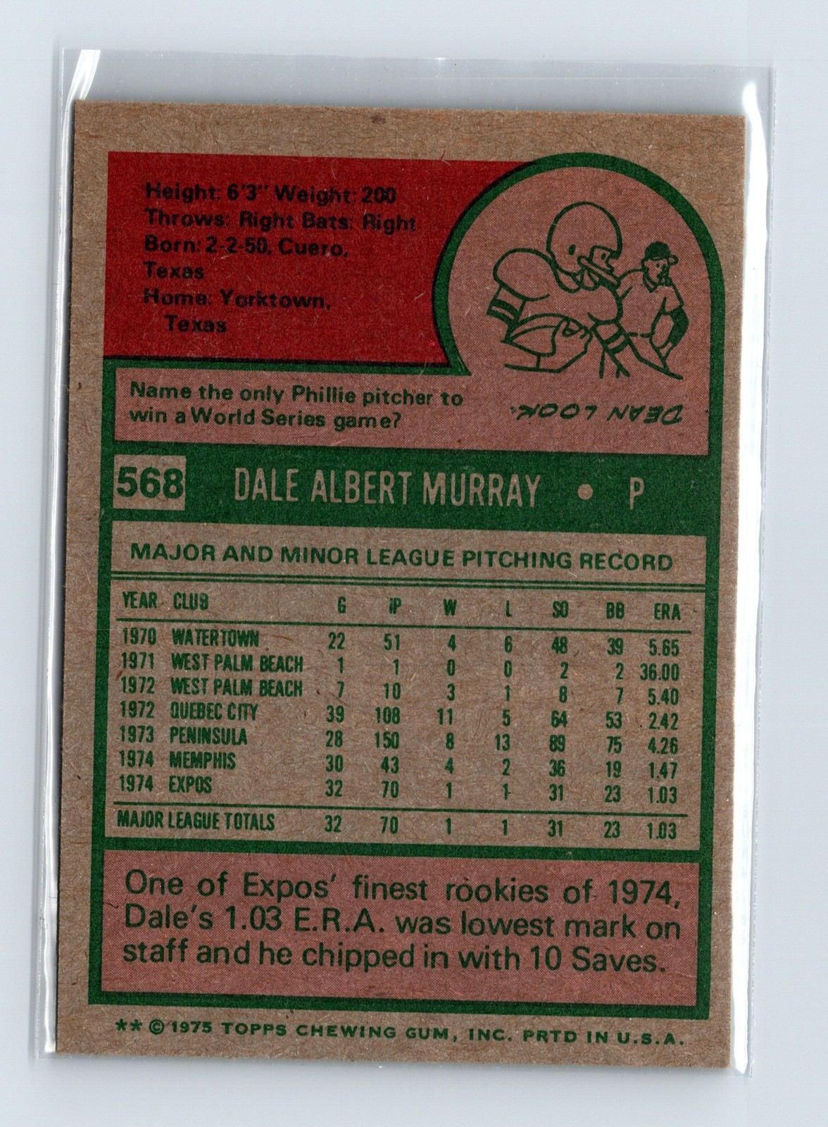 1975 Topps Baseball - SET BREAK - #568 Dale Murray (RC) - Image 2
