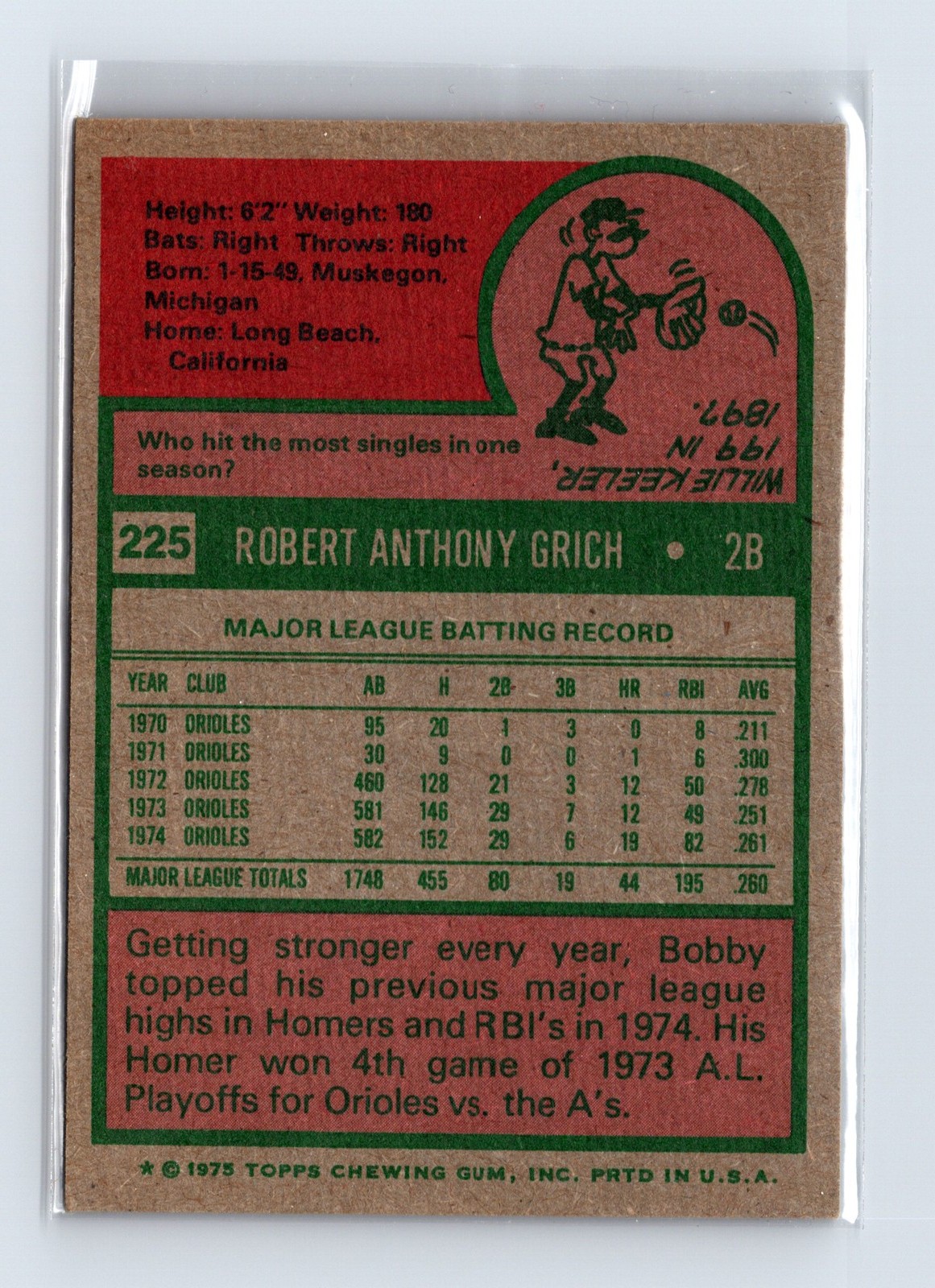 1975 Topps Baseball - SET BREAK - #225 Bob Grich - Image 2