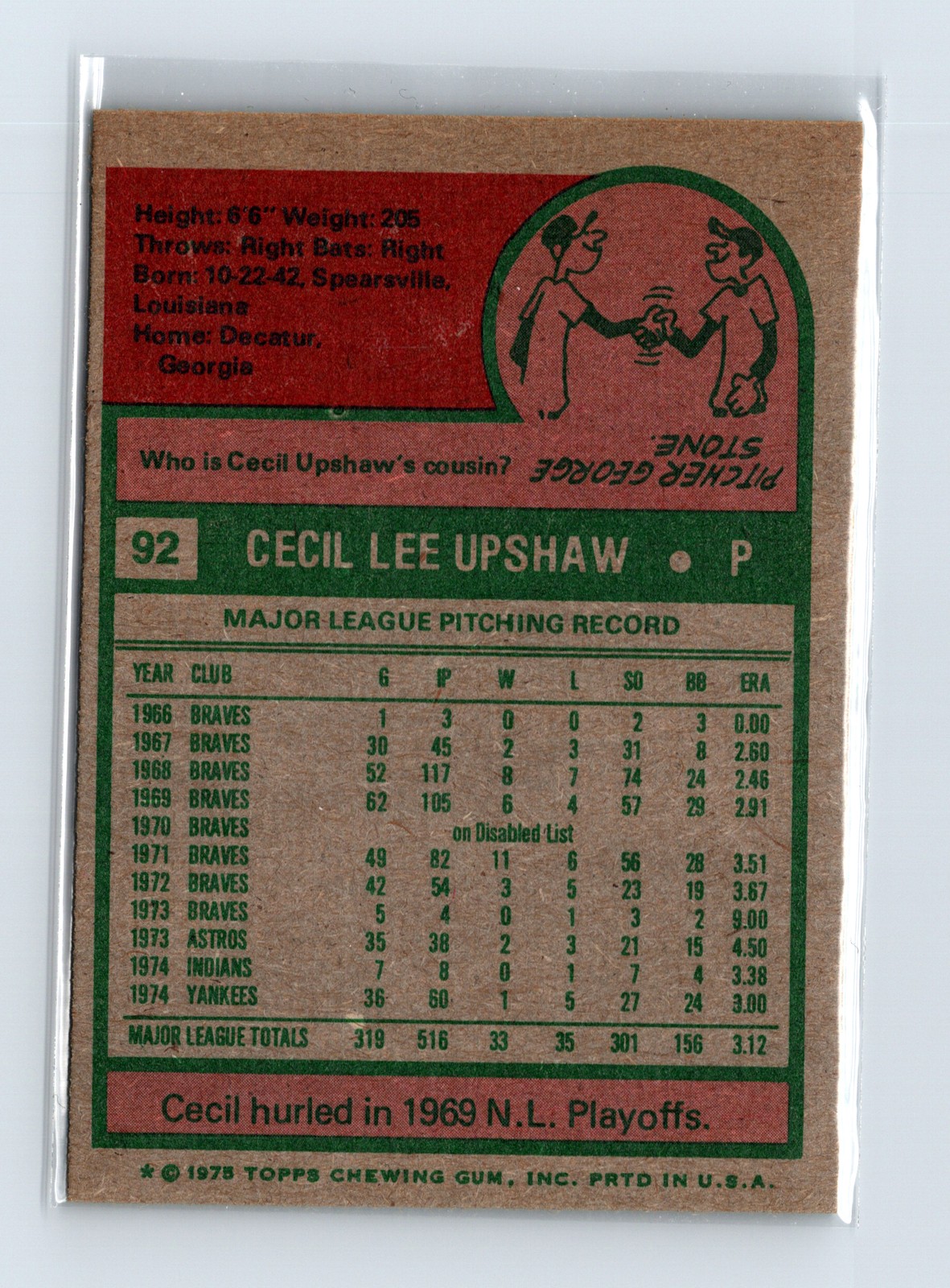 1975 Topps Baseball - SET BREAK - #92 Cecil Upshaw - Image 2