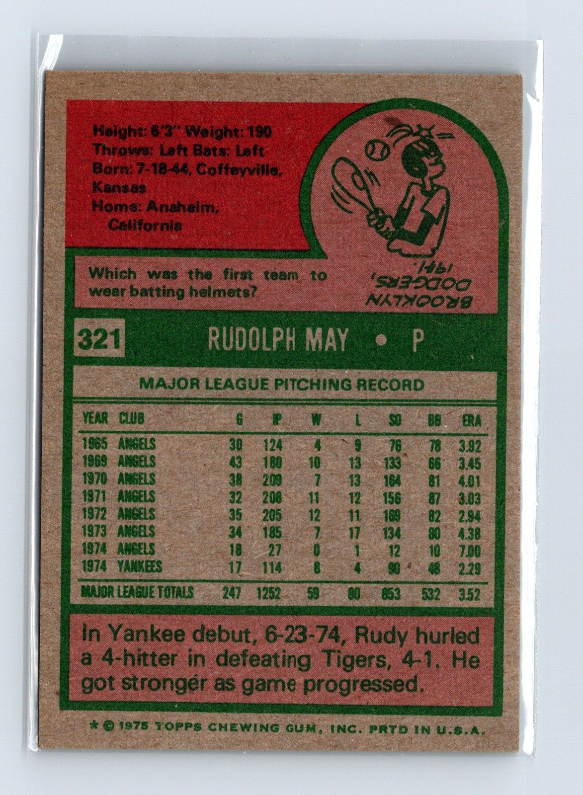 1975 Topps Baseball - SET BREAK - #321 Rudy May - Image 2