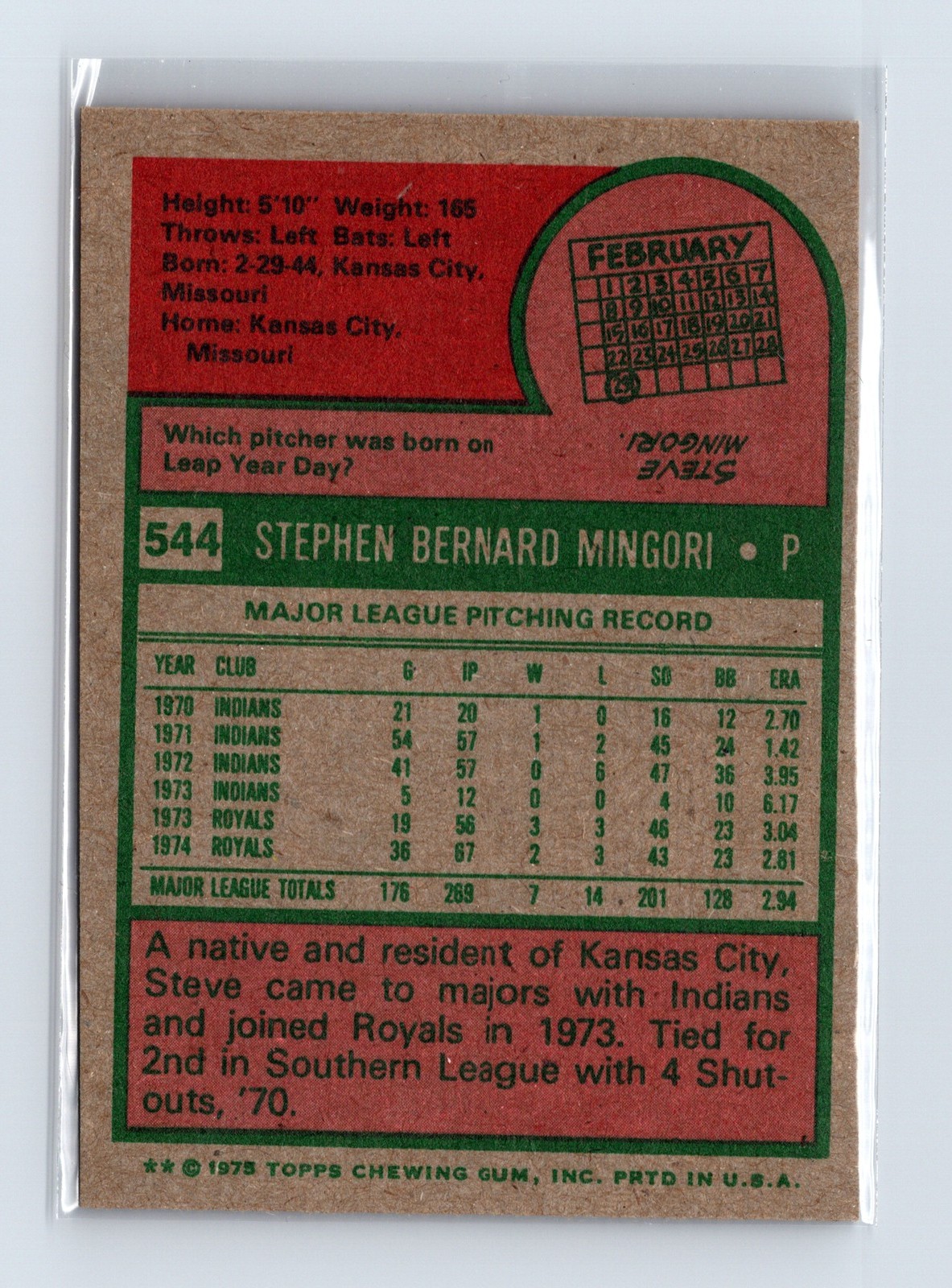 1975 Topps Baseball - SET BREAK - #544 Steve Mingori - Image 2