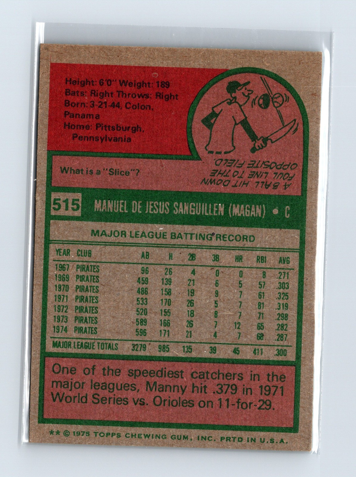 1975 Topps Baseball - SET BREAK - #515 Manny Sanguillen - Image 2