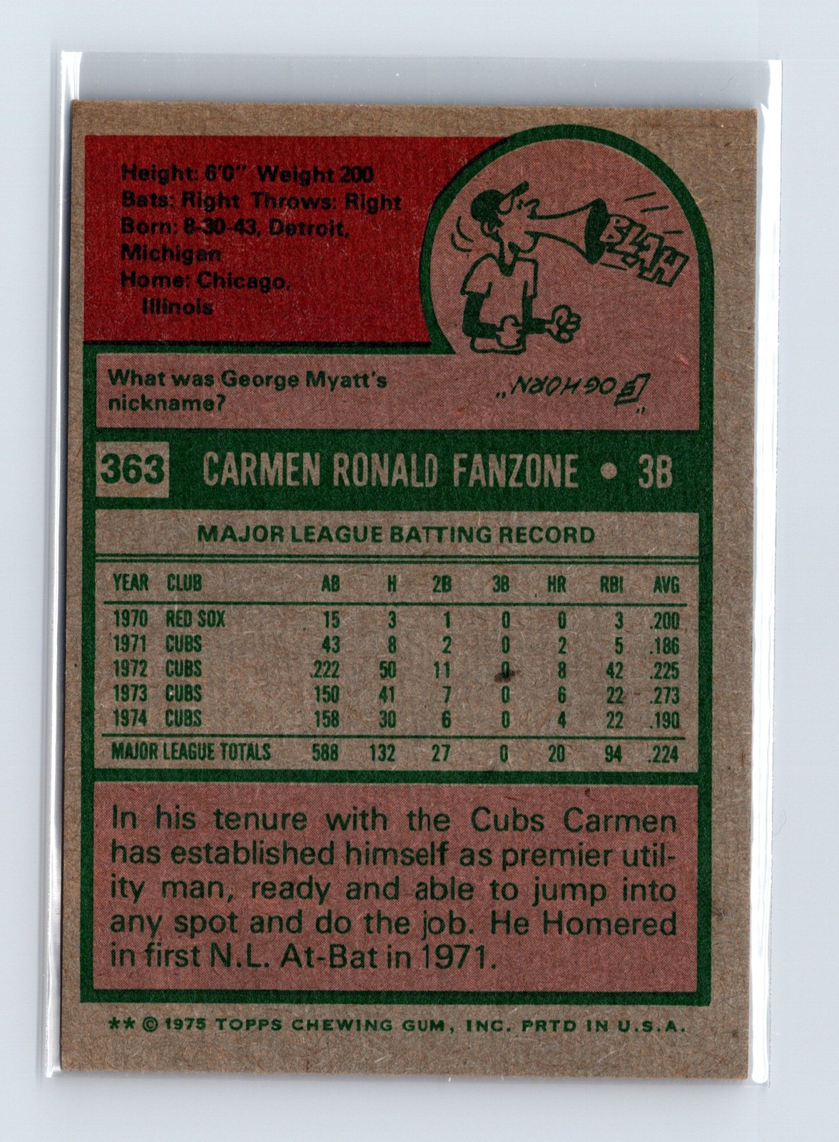 1975 Topps Baseball - SET BREAK - #363 Carmen Fanzone - Image 2