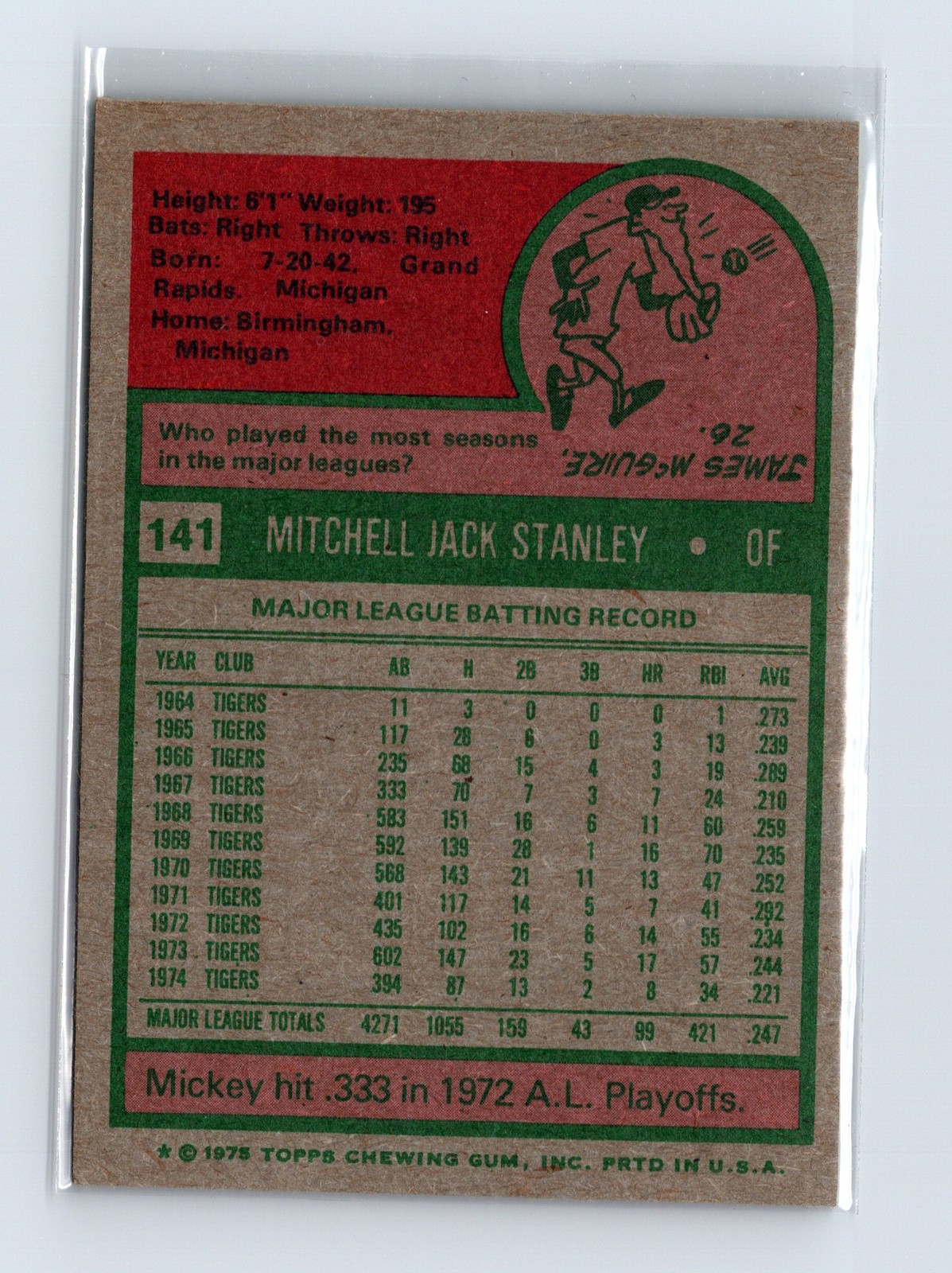 1975 Topps Baseball - SET BREAK - #141 Mickey Stanley - Image 2