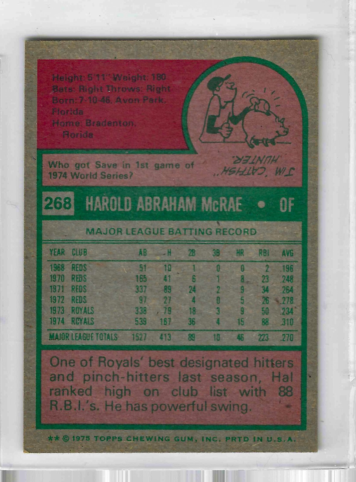 1975 Topps MINI Baseball - SET BREAK - Hal McRae #268 - Image 2