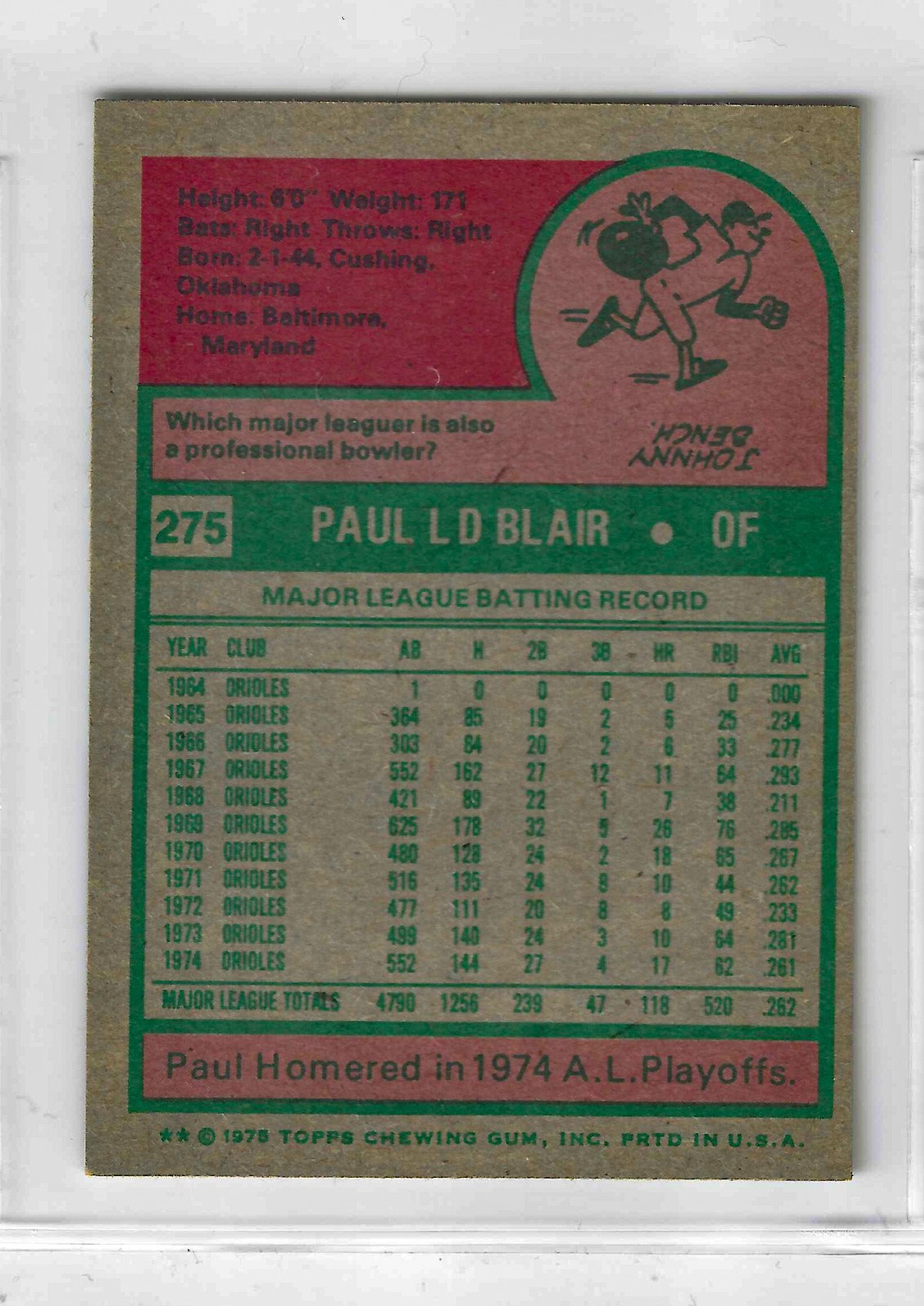 1975 Topps MINI Baseball - SET BREAK - Paul Blair #275 - Image 2